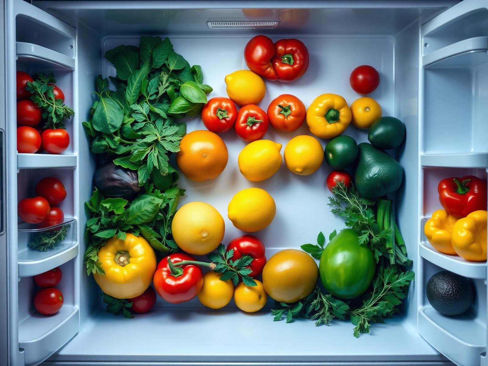 Overhead view of an open fridge filled with fresh vegetables, herbs, and citrus